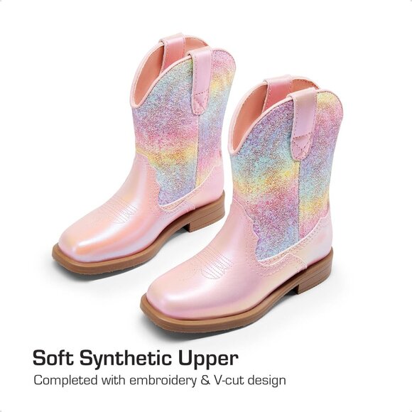 Kids Cowboy Boots Toddler Boys Girls Western Square Toe Mid Calf - Picture 2 of 6